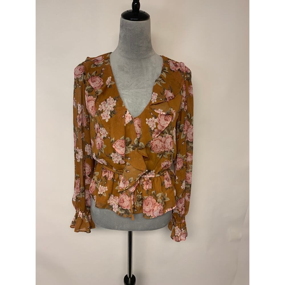 WAYF Blouse Floral Bohemian Dark Cottagecore Peasant Peplum Womens SZ S